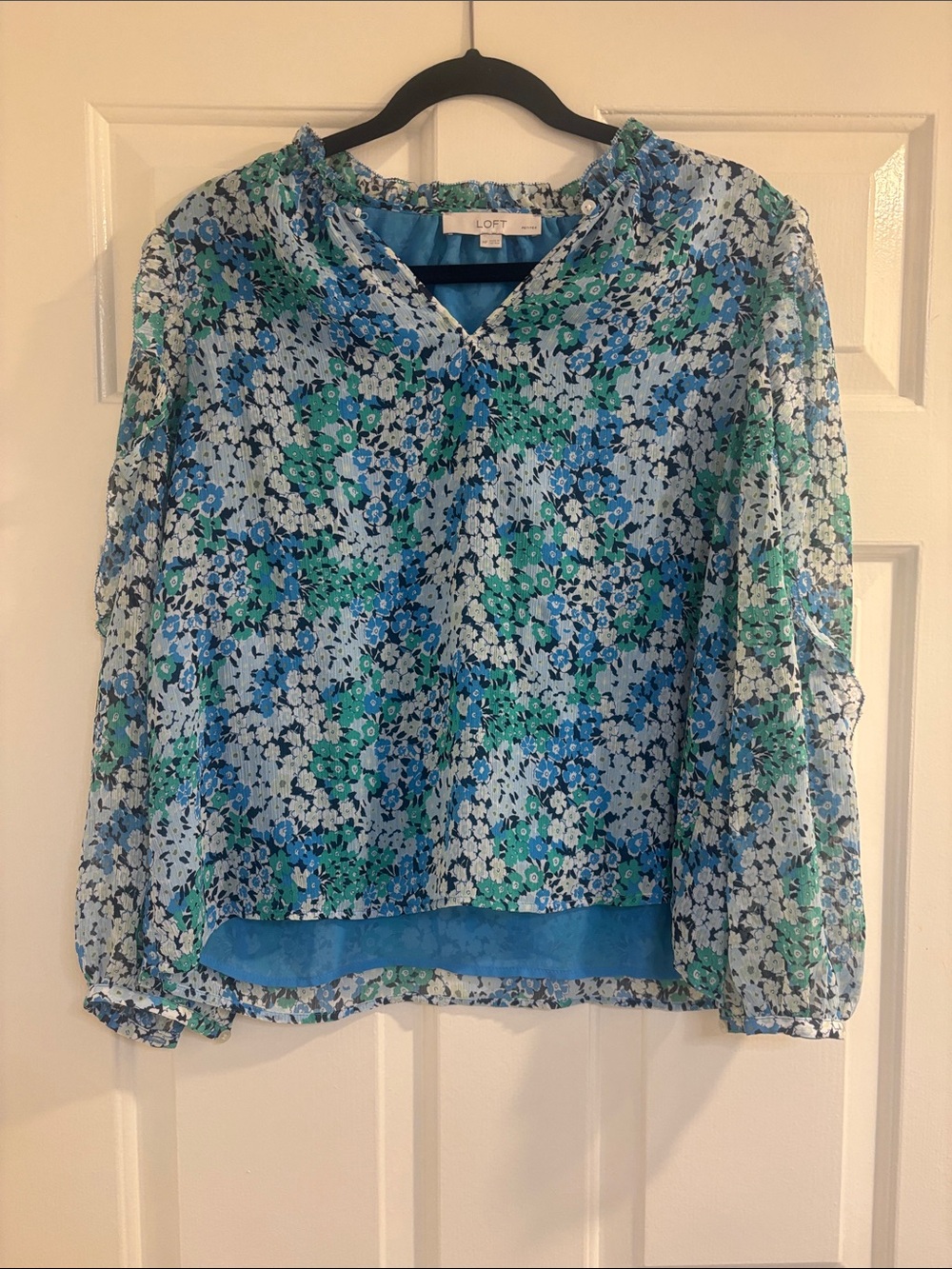 LOFT Blue Green Floral V-Neck Sheer Blouse